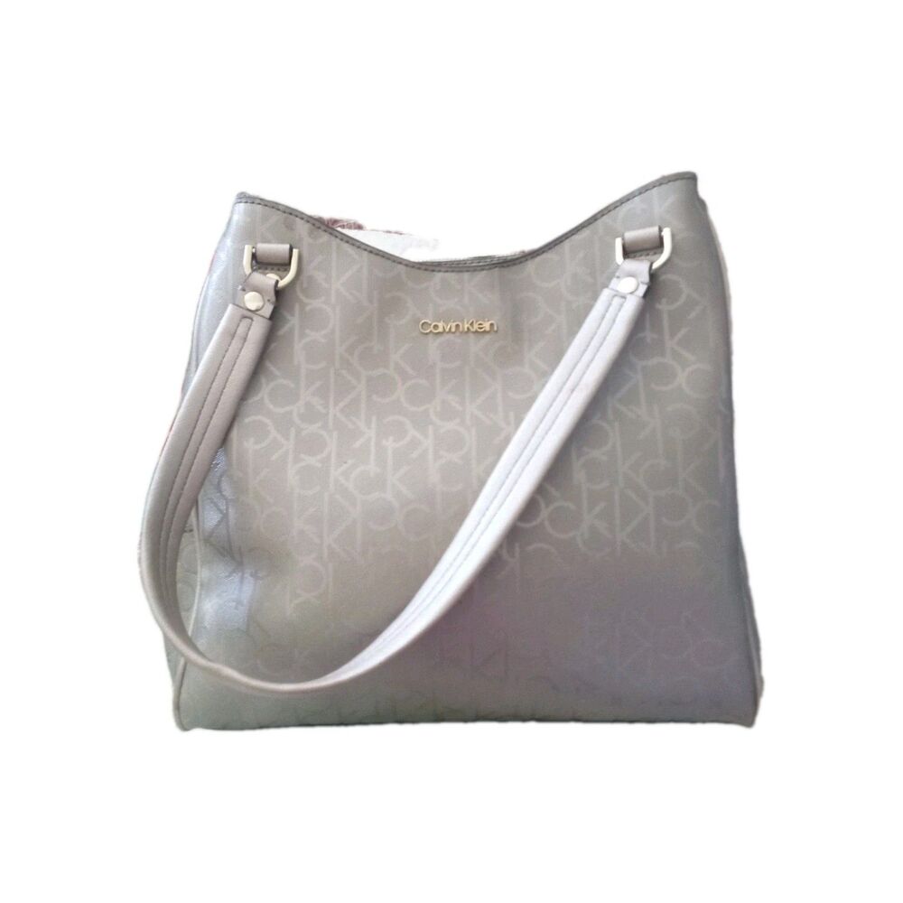 Calvin Klein Large Signature Satchel Handbag Purse Beige Tan 11x11.75x5